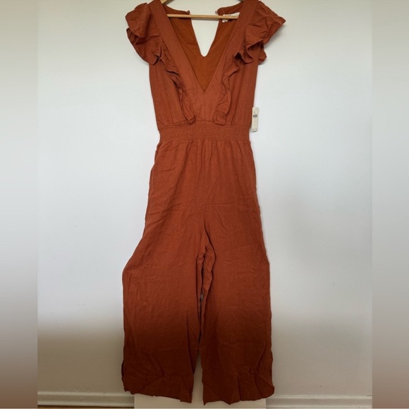 Anthropologie Brown Jumpsuit with Ruffled Sleeves and Wide Legs New Size: US L - Picture 6 of 9
